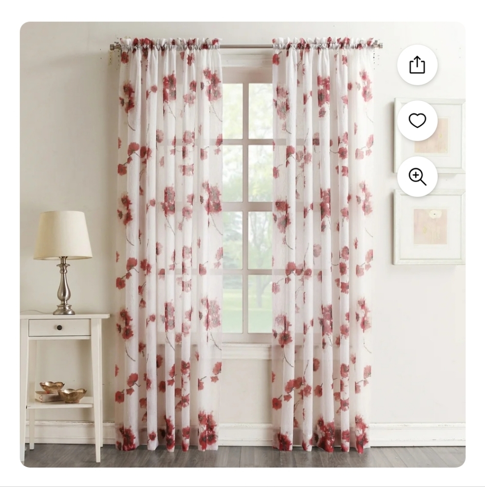 No 918 Kiki Red Poppy Floral Crushed Sheer Curtains - Red and White 50.5 X 84